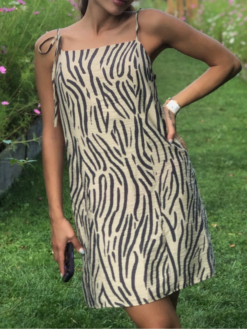 Zara Beige and Black Zebra-Print Tie-Shoulder Mini Dress